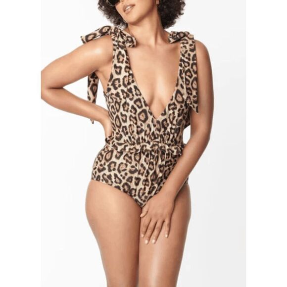 Unique Vintage Women's Leopard Print Plunge One-Piece Swimsuit 1X - Picture 1 of 6